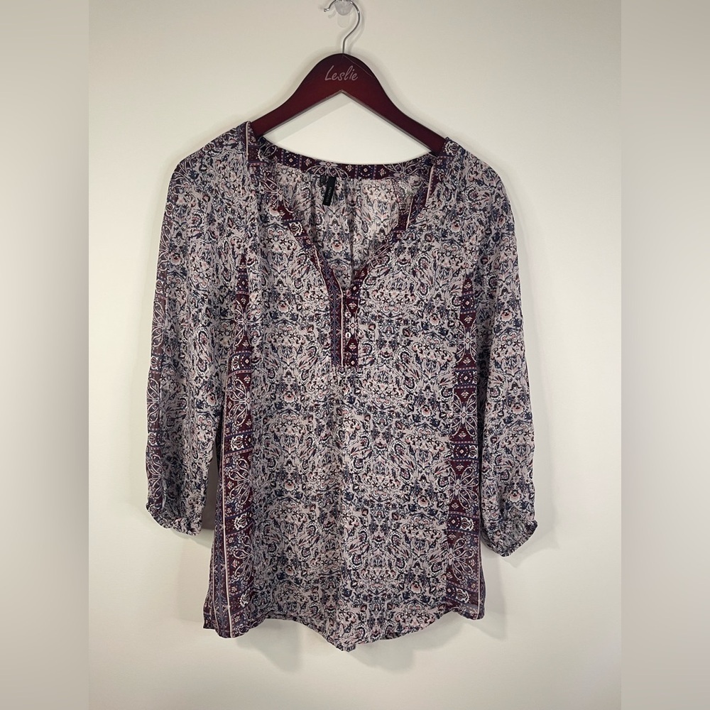 Maurices Womens Large Boho Paisley Floral Split Neck 3/4 Sleeve Blouse Burgundy